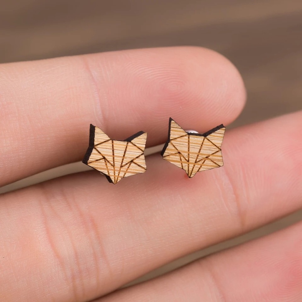 🎉 New Wood Origami Fox Stainless Steel Earrings - Picture 5 of 7